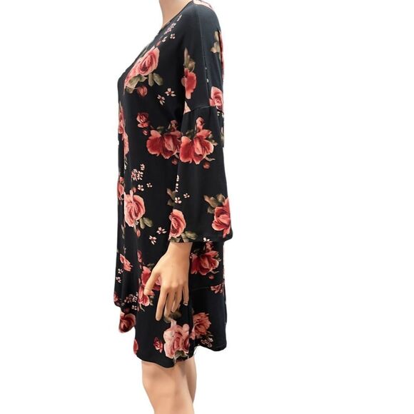 Emberly Black Floral Bell Sleeve Shift Dress Size M - Picture 2 of 12